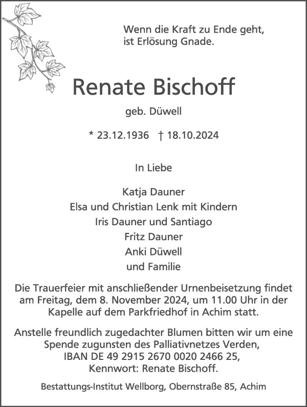 Traueranzeige von Renate Bischoff von Achimer Kurier/Verdener Nachrichten