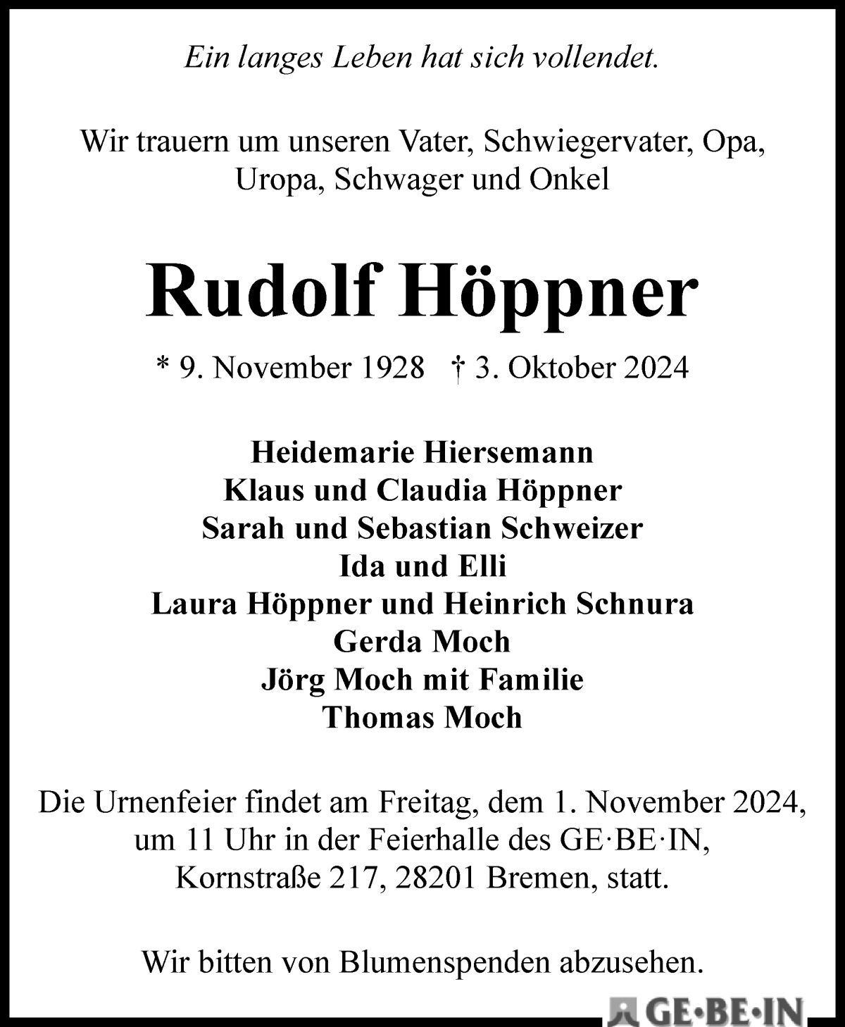 Traueranzeige von Rudolf Höppner von WESER-KURIER