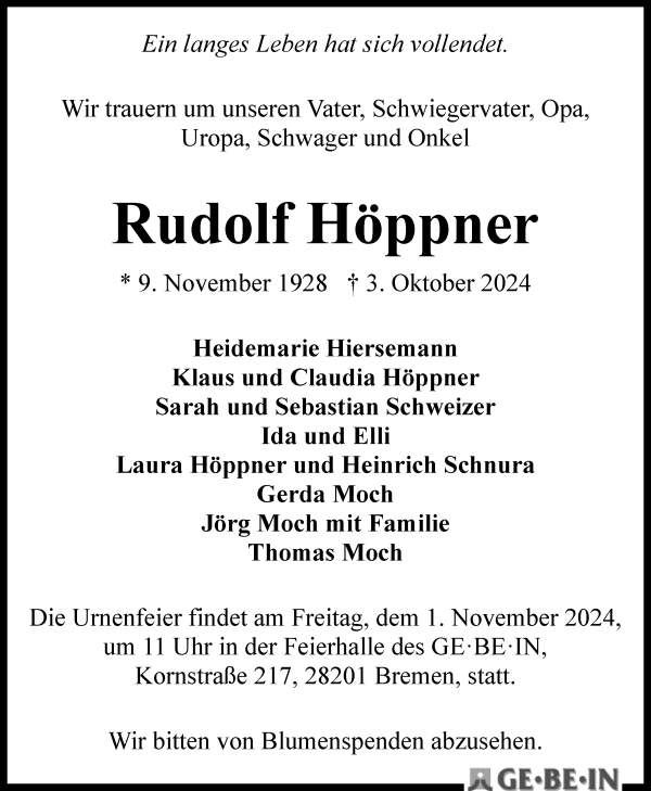 Traueranzeige von Rudolf Höppner von WESER-KURIER