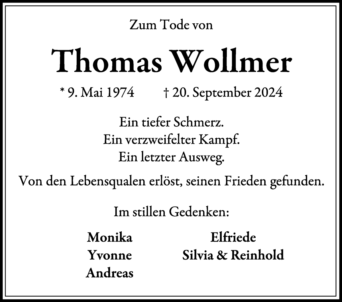  Traueranzeige für Thomas Wollmer vom 05.10.2024 aus Wuemme Zeitung