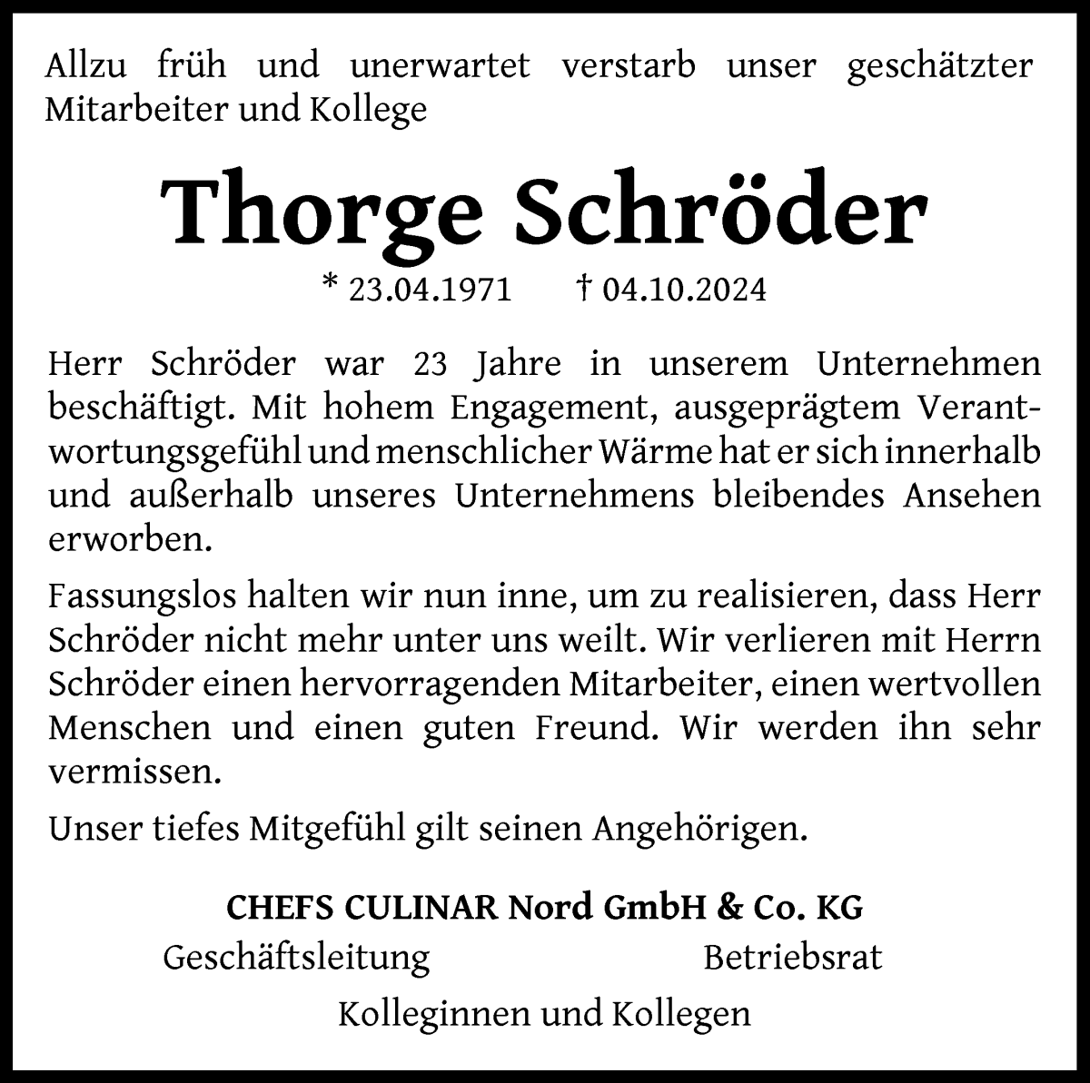  Traueranzeige für Thorge Schröder vom 12.10.2024 aus WESER-KURIER