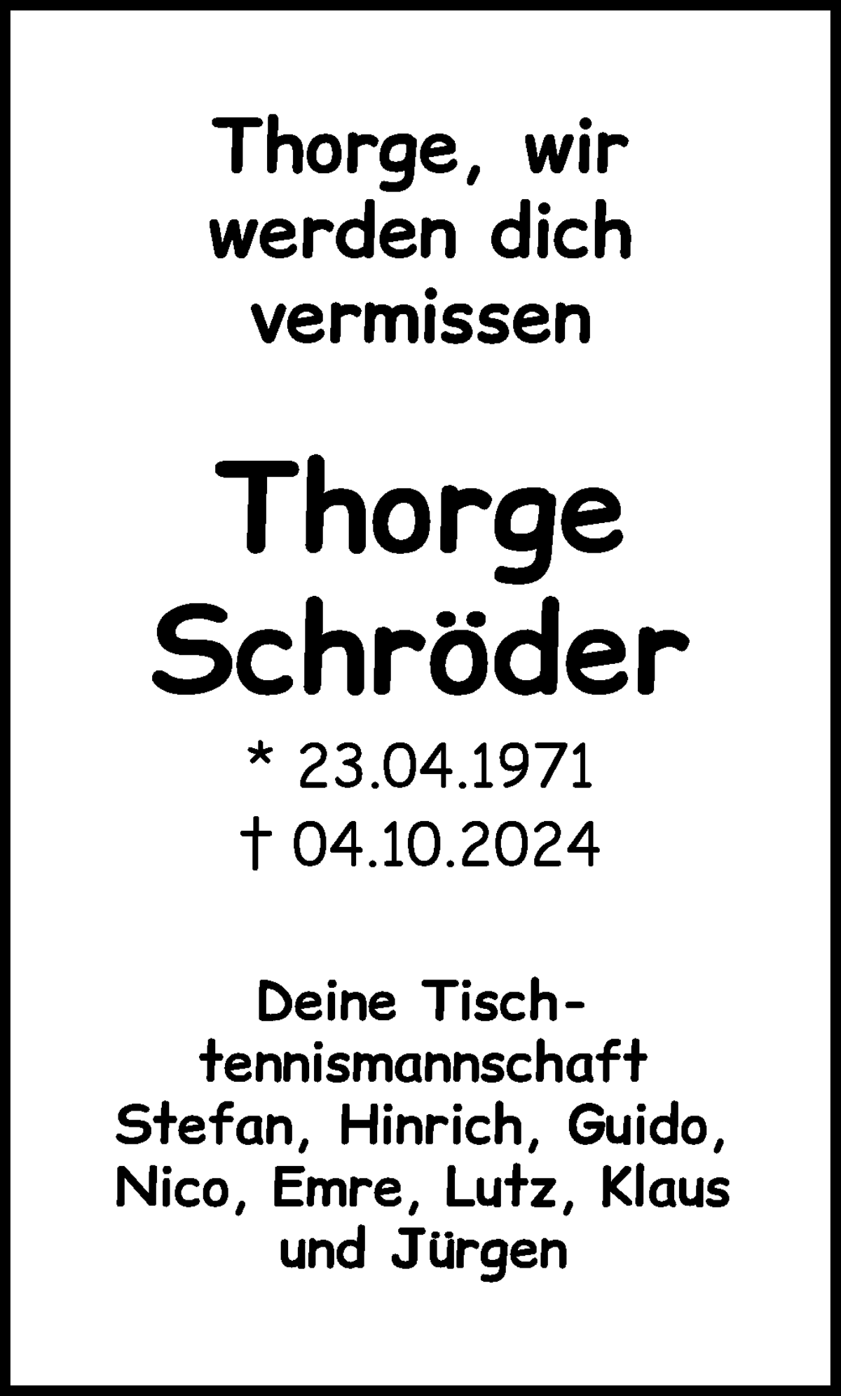  Traueranzeige für Thorge Schröder vom 12.10.2024 aus WESER-KURIER