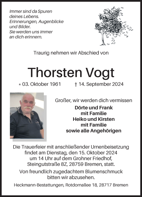 Traueranzeige von Thorsten Vogt von Die Norddeutsche