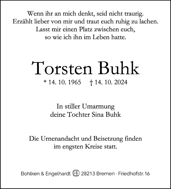 Traueranzeige von Torsten Buhk von WESER-KURIER