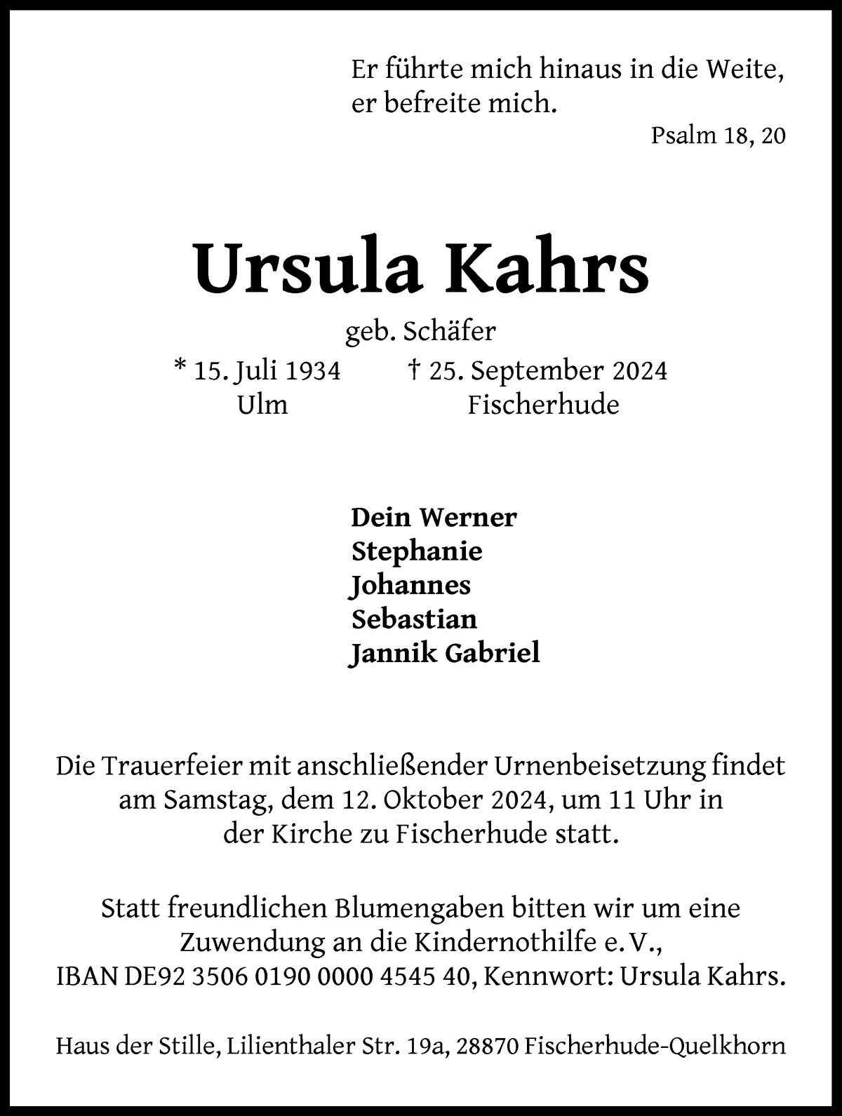 Traueranzeige von Ursula Kahrs von WESER-KURIER