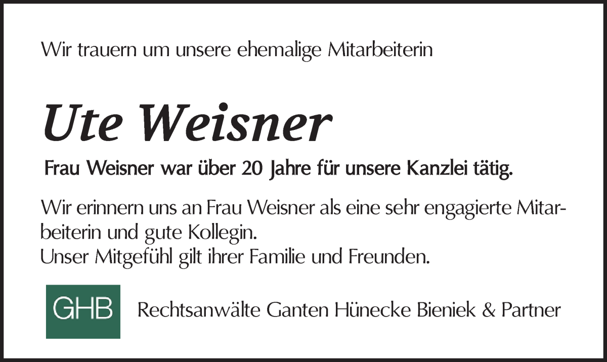 Traueranzeige von Ute Weisner von WESER-KURIER