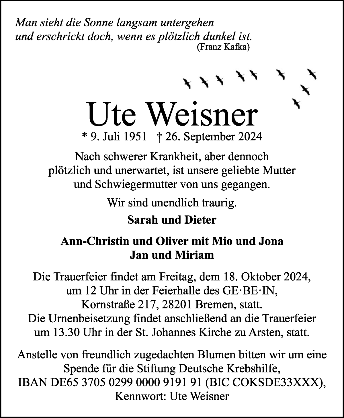 Traueranzeige von Ute Weisner von WESER-KURIER