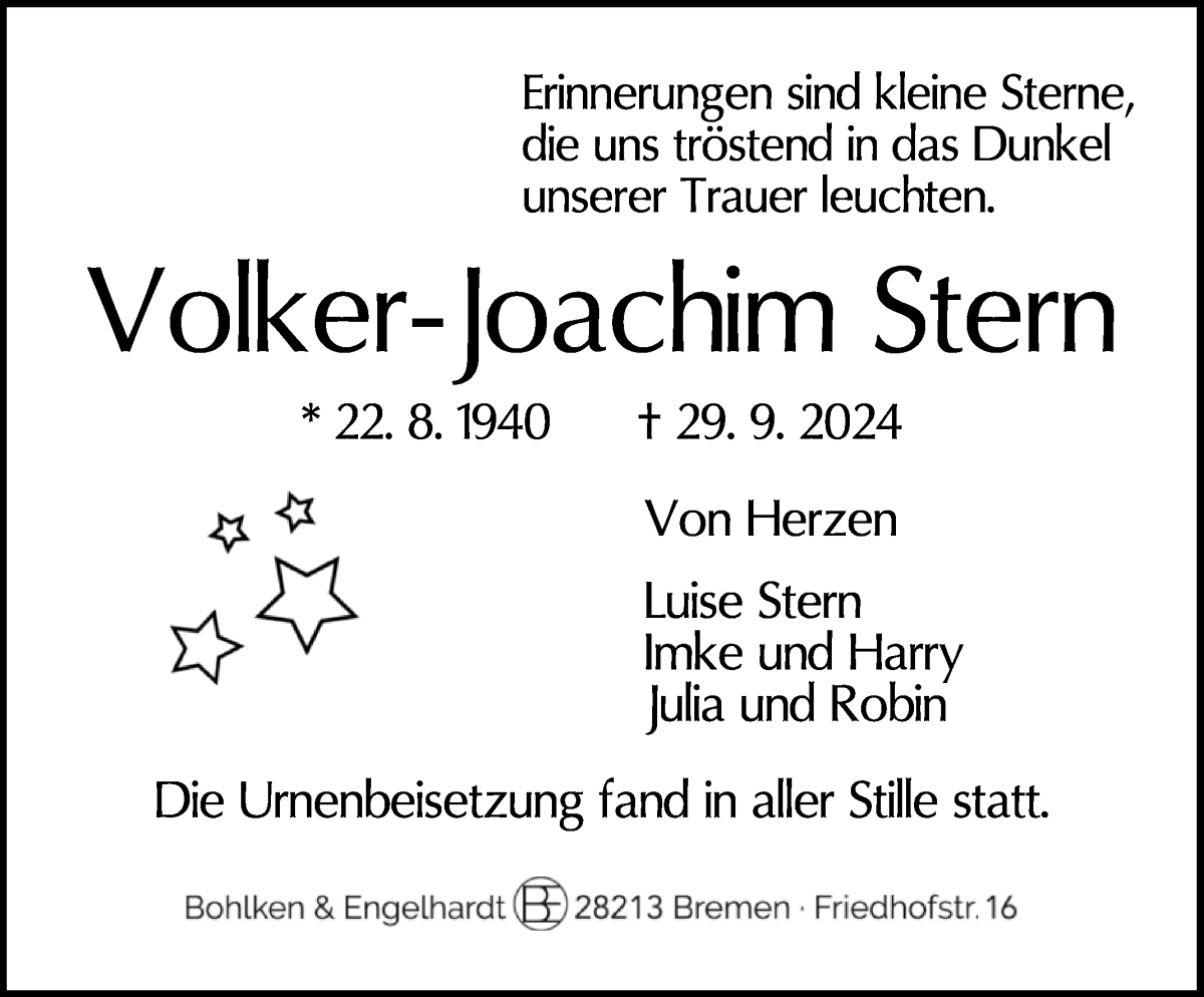 Traueranzeige von Volker-Joachim Stern von WESER-KURIER