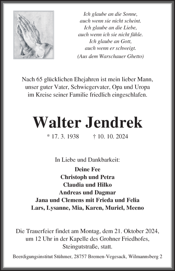 Traueranzeige von Walter Jendrek von Die Norddeutsche