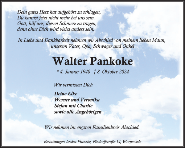 Traueranzeige von Walter Pankoke von Wuemme Zeitung