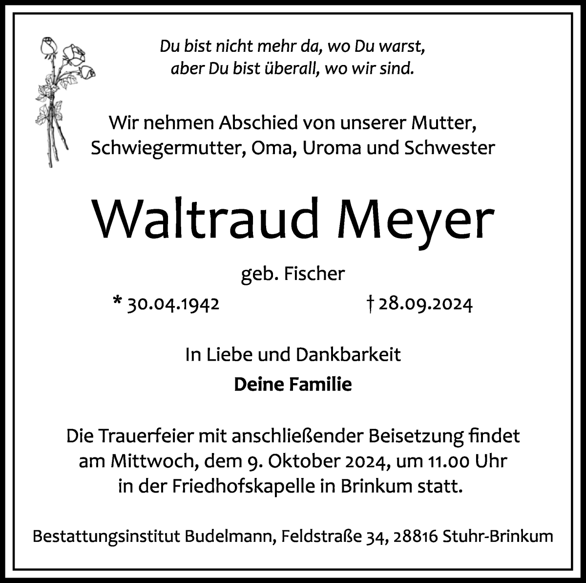 Traueranzeige von Waltraud Meyer von Regionale Rundschau/Syker Kurier