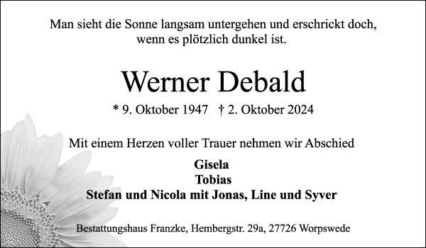 Traueranzeige von Werner Debald von Osterholzer Kreisblatt