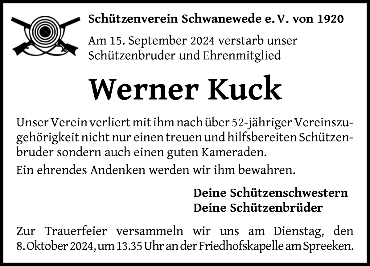 Traueranzeige von Werner Kuck von Die Norddeutsche