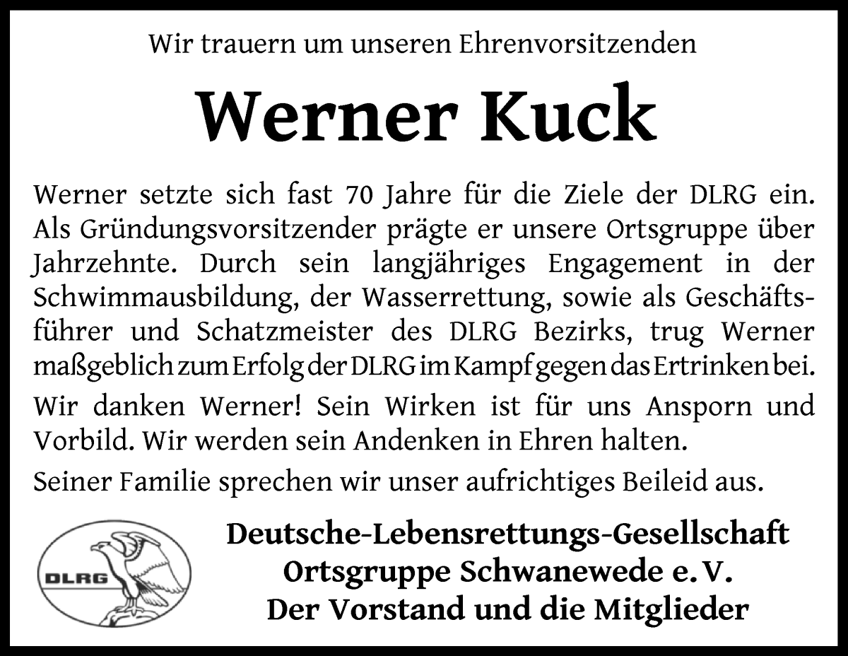 Traueranzeige von Werner Kuck von Die Norddeutsche