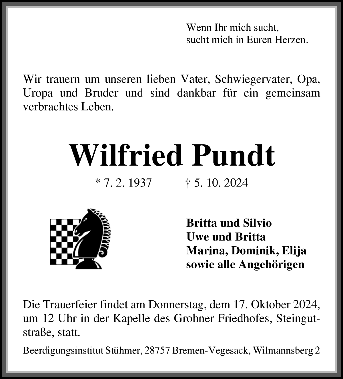 Traueranzeige von Wilfried Pundt von Die Norddeutsche