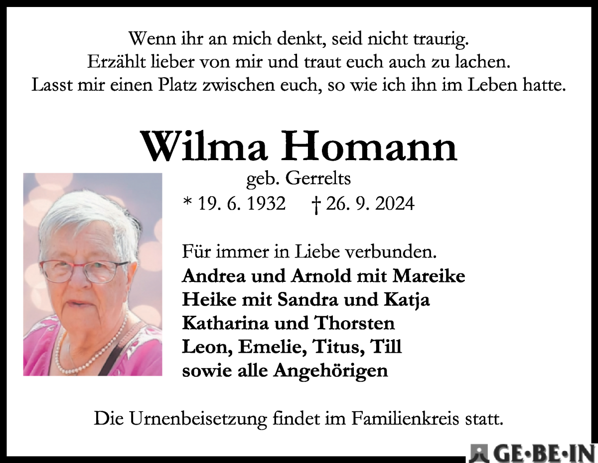 Traueranzeige von Wilma Homann von WESER-KURIER