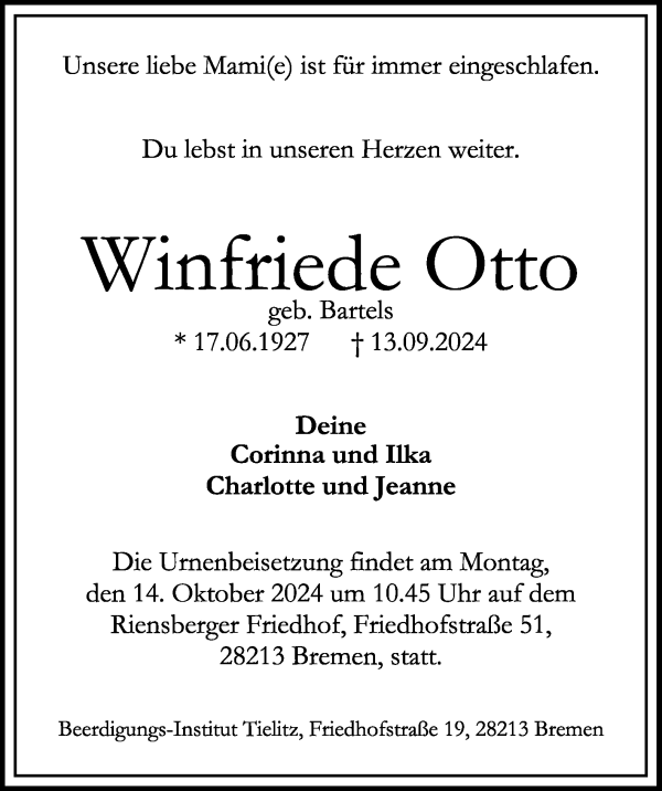 Traueranzeige von Winfriede Otto von WESER-KURIER