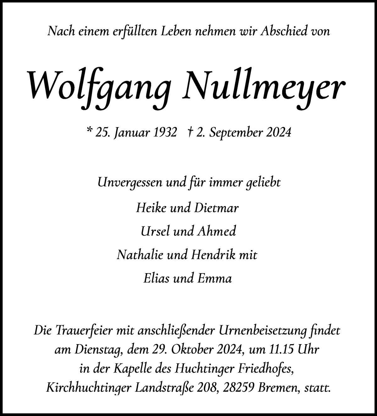 Traueranzeige von Wolfgang Nullmeyer von WESER-KURIER