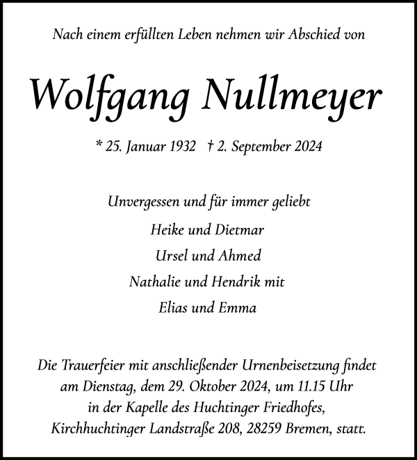 Traueranzeige von Wolfgang Nullmeyer von WESER-KURIER