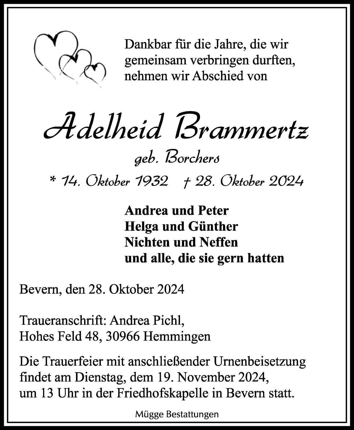 Traueranzeige von Adelheid Brammertz von WESER-KURIER