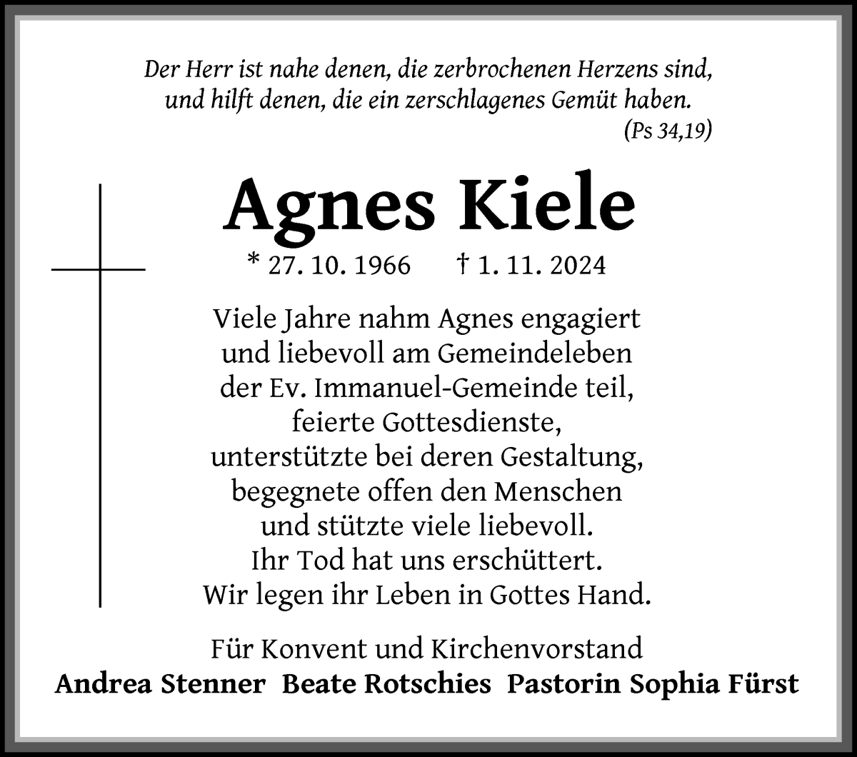  Traueranzeige für Agnes Kiele vom 16.11.2024 aus WESER-KURIER