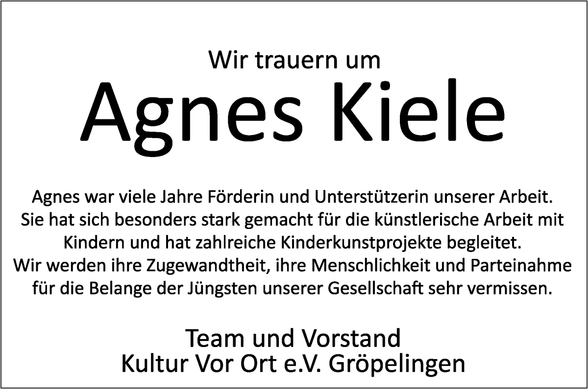  Traueranzeige für Agnes Kiele vom 16.11.2024 aus WESER-KURIER