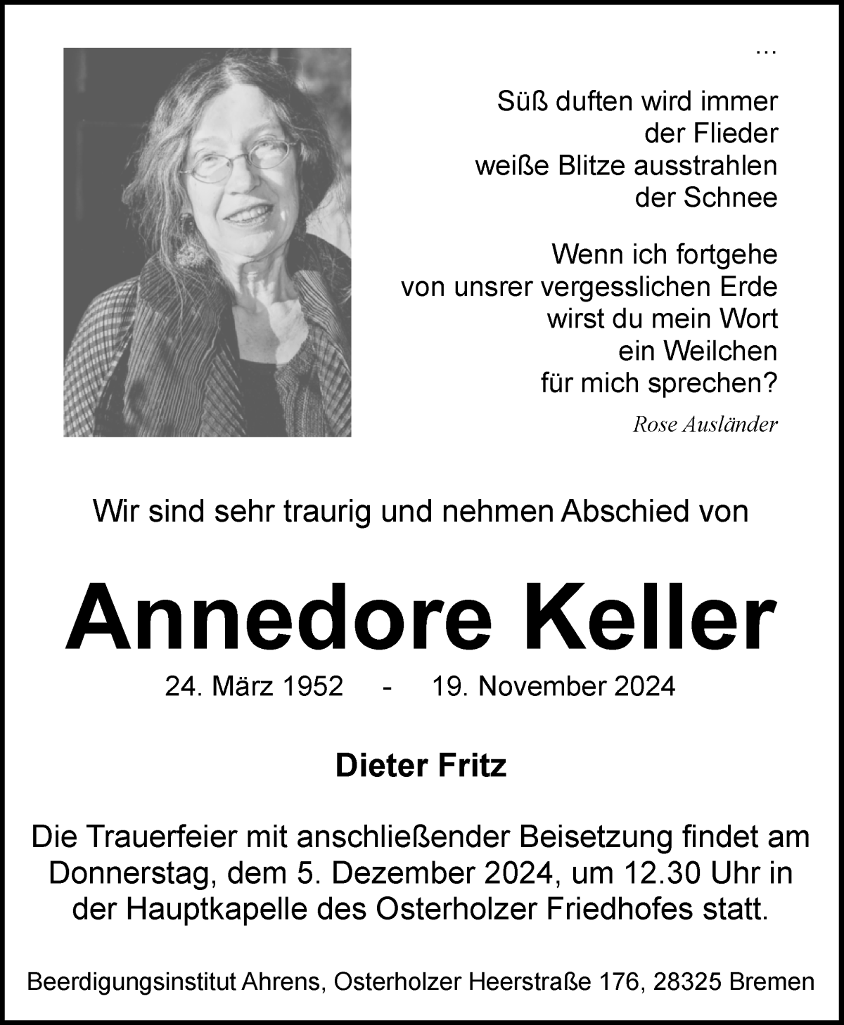 Traueranzeige von Annedore Keller von WESER-KURIER