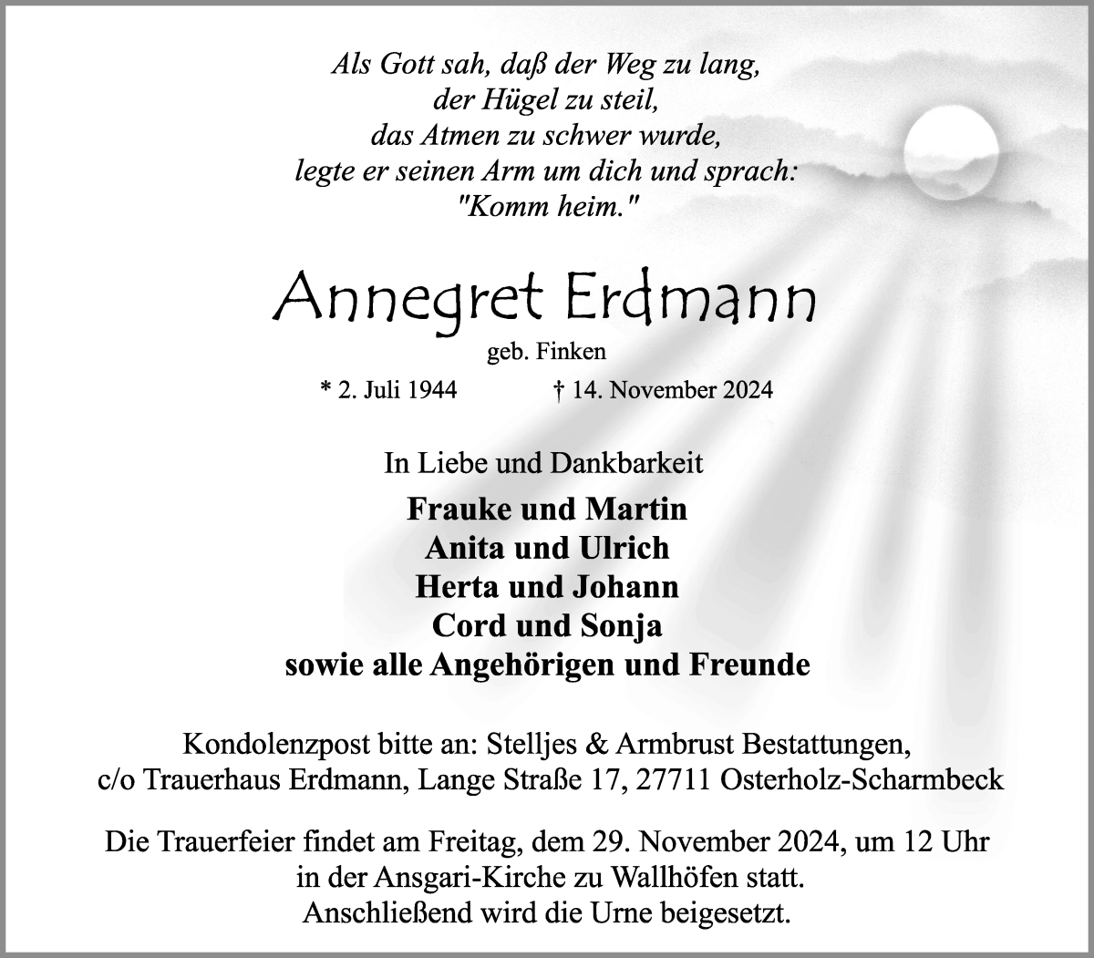 Traueranzeige von Annegret Erdmann von Osterholzer Kreisblatt