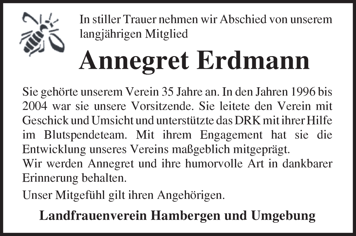 Traueranzeige von Annegret Erdmann von Osterholzer Kreisblatt