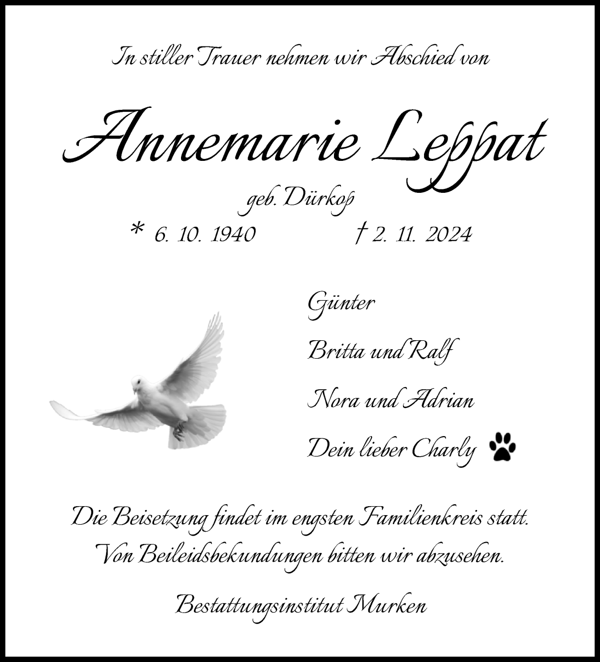 Traueranzeige von Annemarie Leppat von Osterholzer Kreisblatt