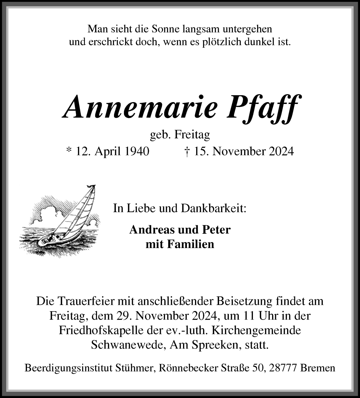 Traueranzeige von Annemarie Pfaff von Die Norddeutsche