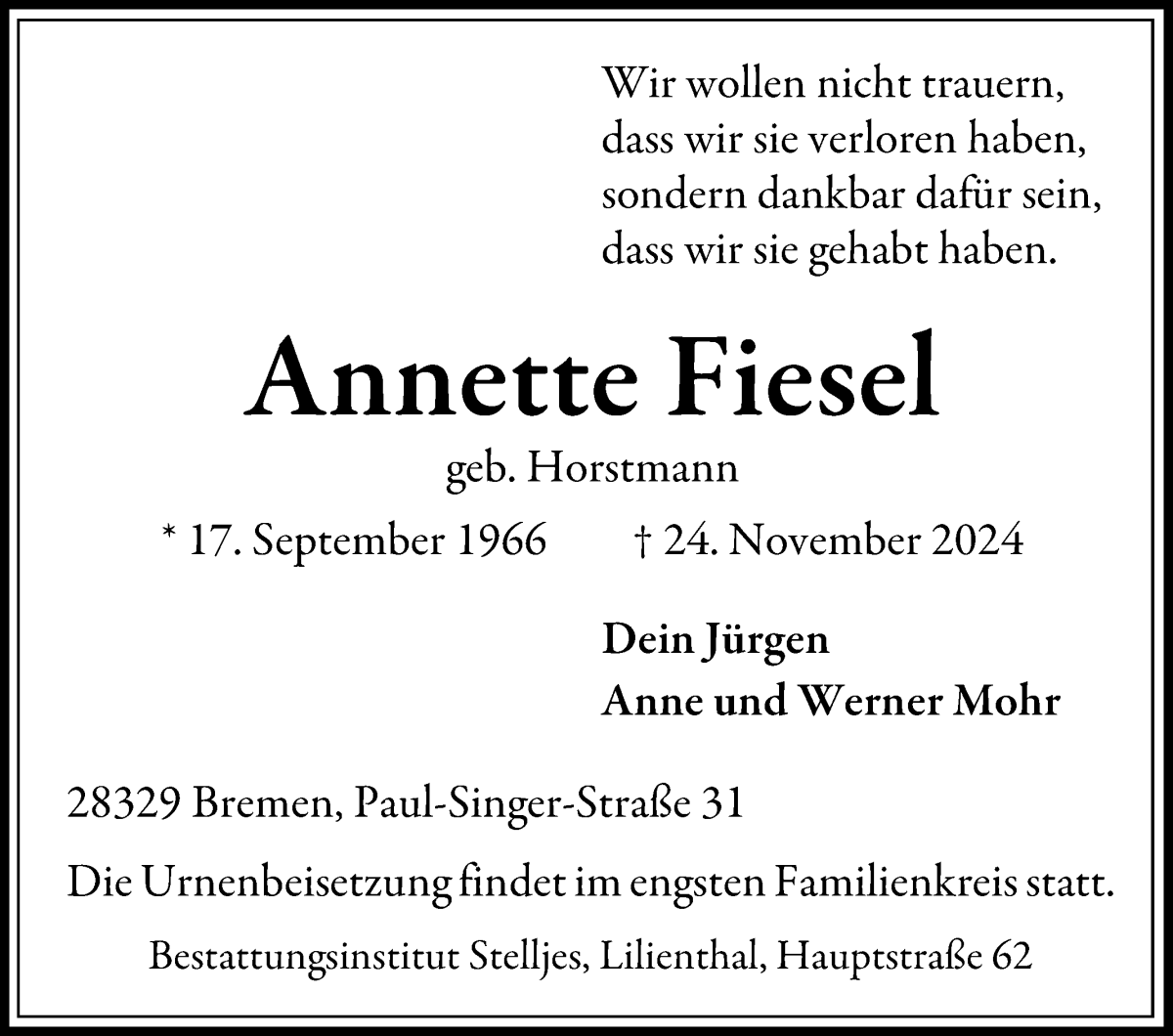 Traueranzeige von Annette Fiesel von WESER-KURIER