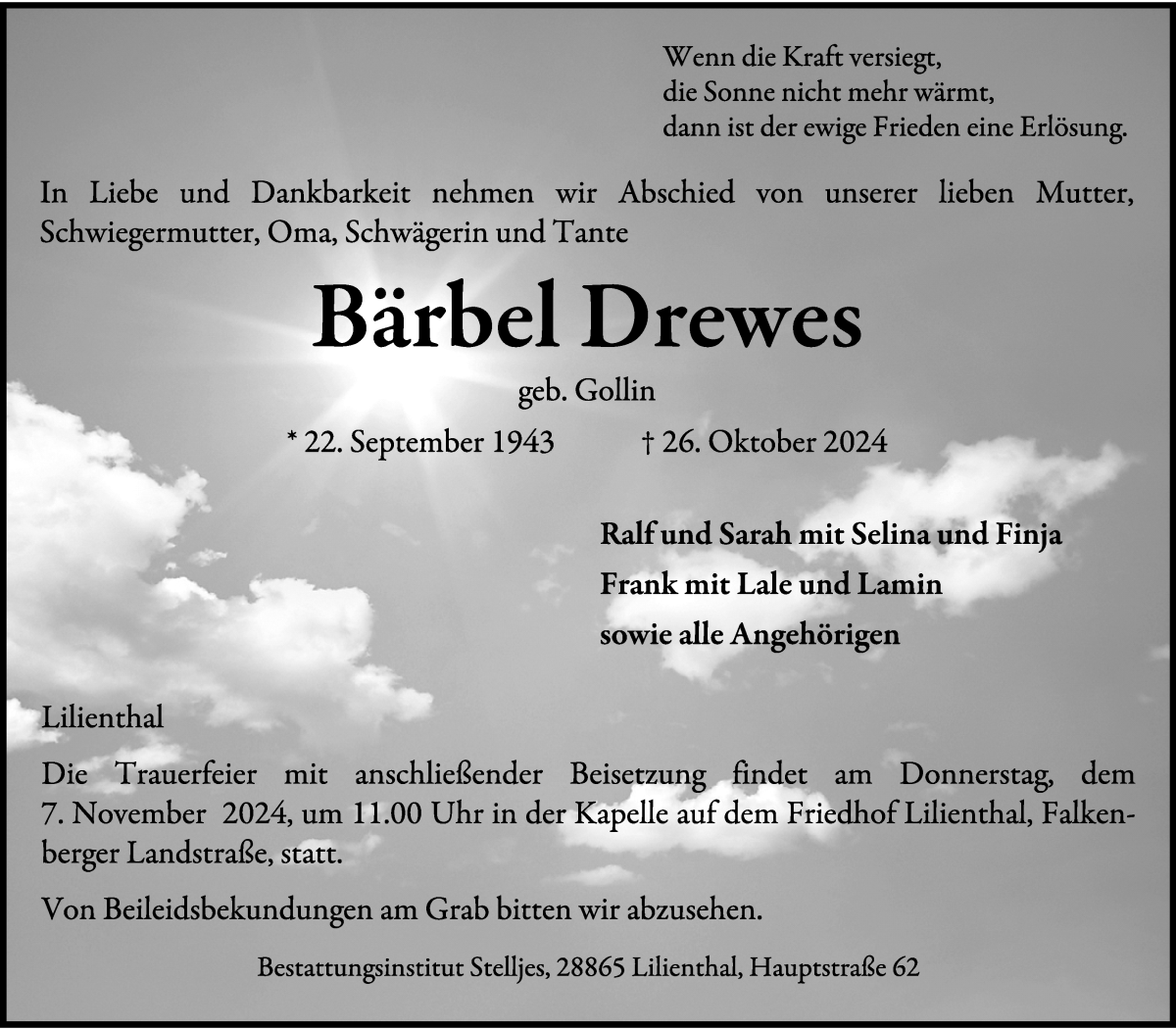 Traueranzeige von Bärbel Drewes von Wuemme Zeitung