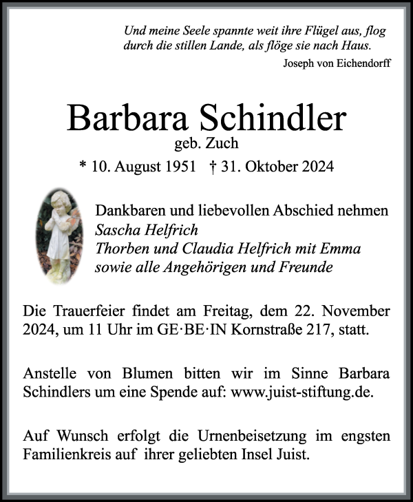 Traueranzeige von Barbara Schindler von WESER-KURIER