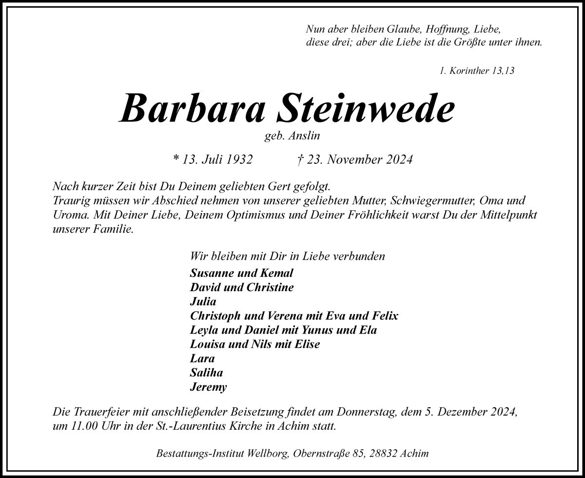 Traueranzeige von Barbara Steinwede von Achimer Kurier/Verdener Nachrichten