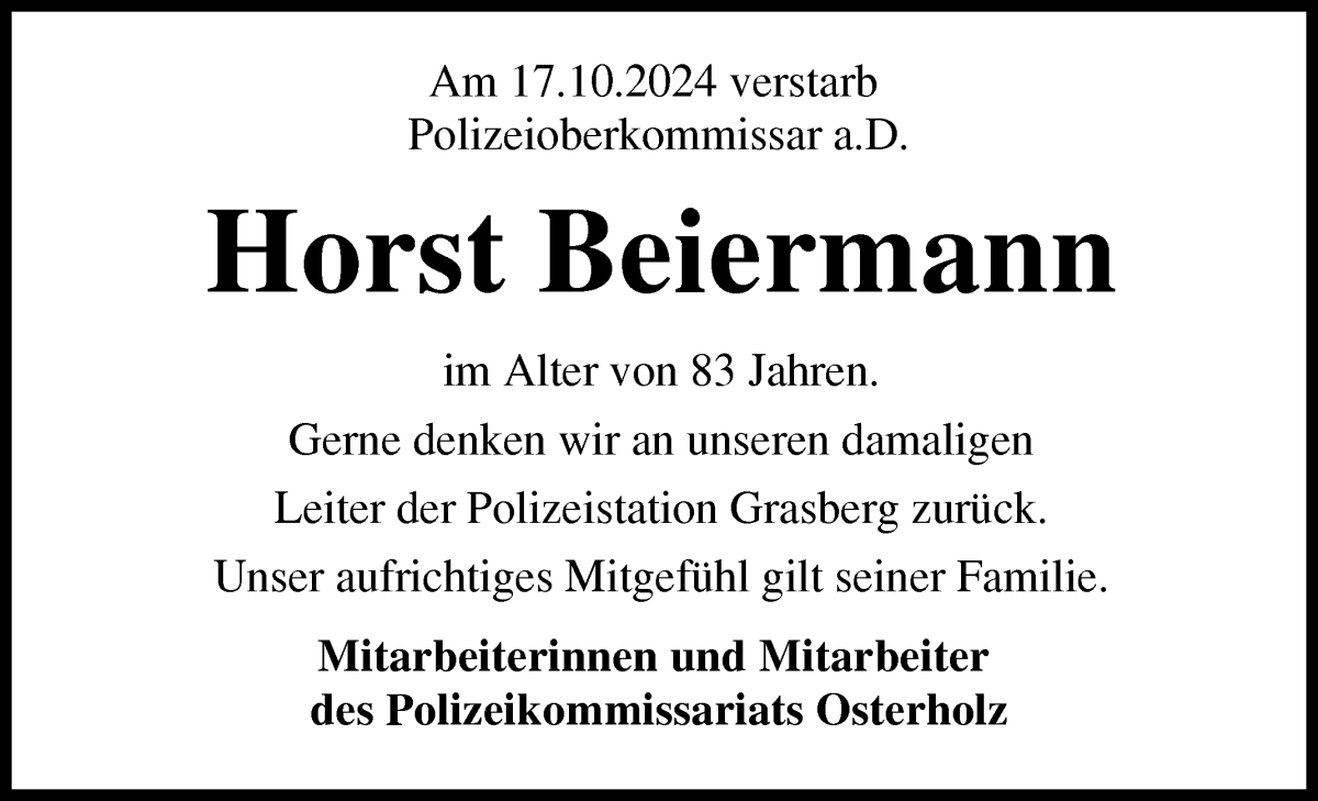 Traueranzeige von Beiermann Horst von Wuemme Zeitung