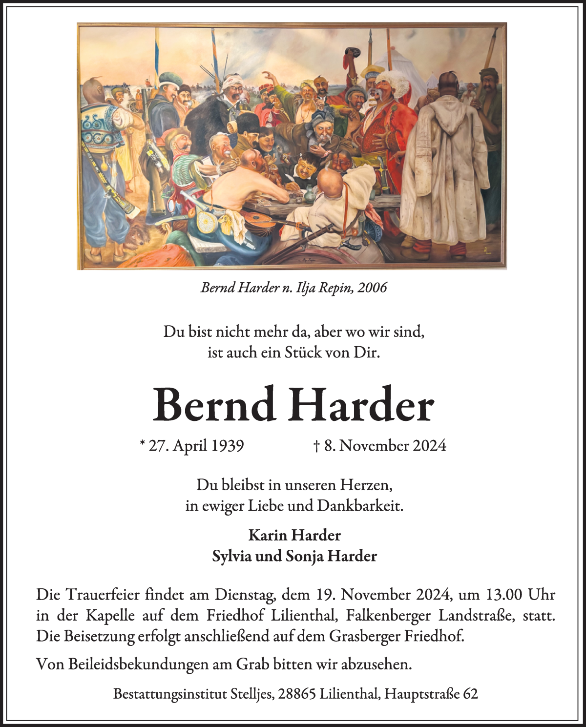 Traueranzeige von Bernd Harder von Wuemme Zeitung