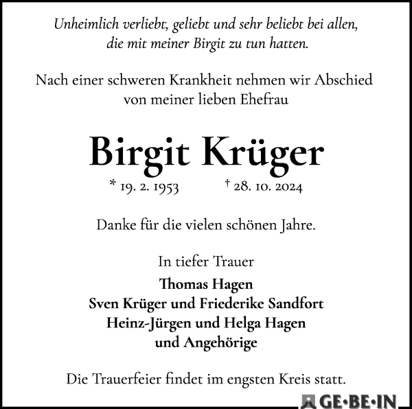 Traueranzeige von Birgit Krüger von WESER-KURIER