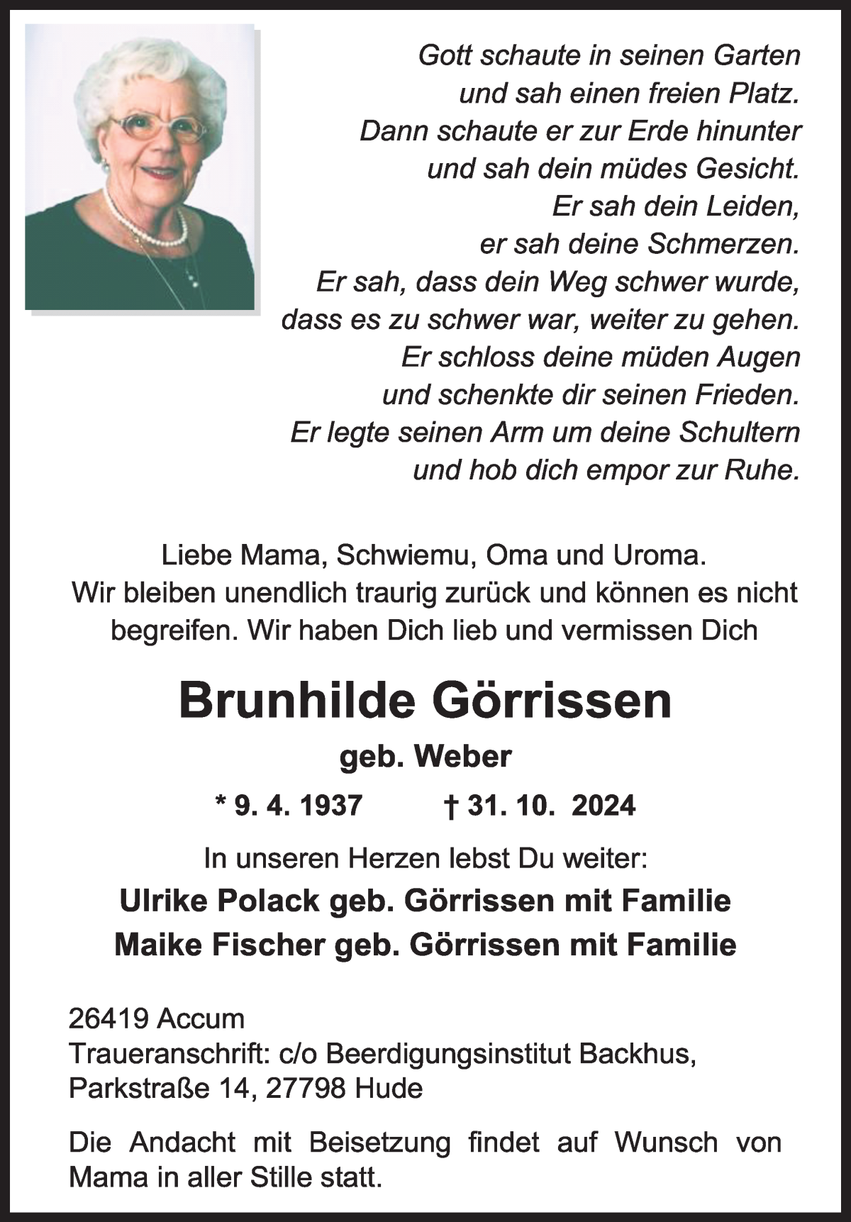 Traueranzeige von Brundhilde Görrissen von Die Norddeutsche