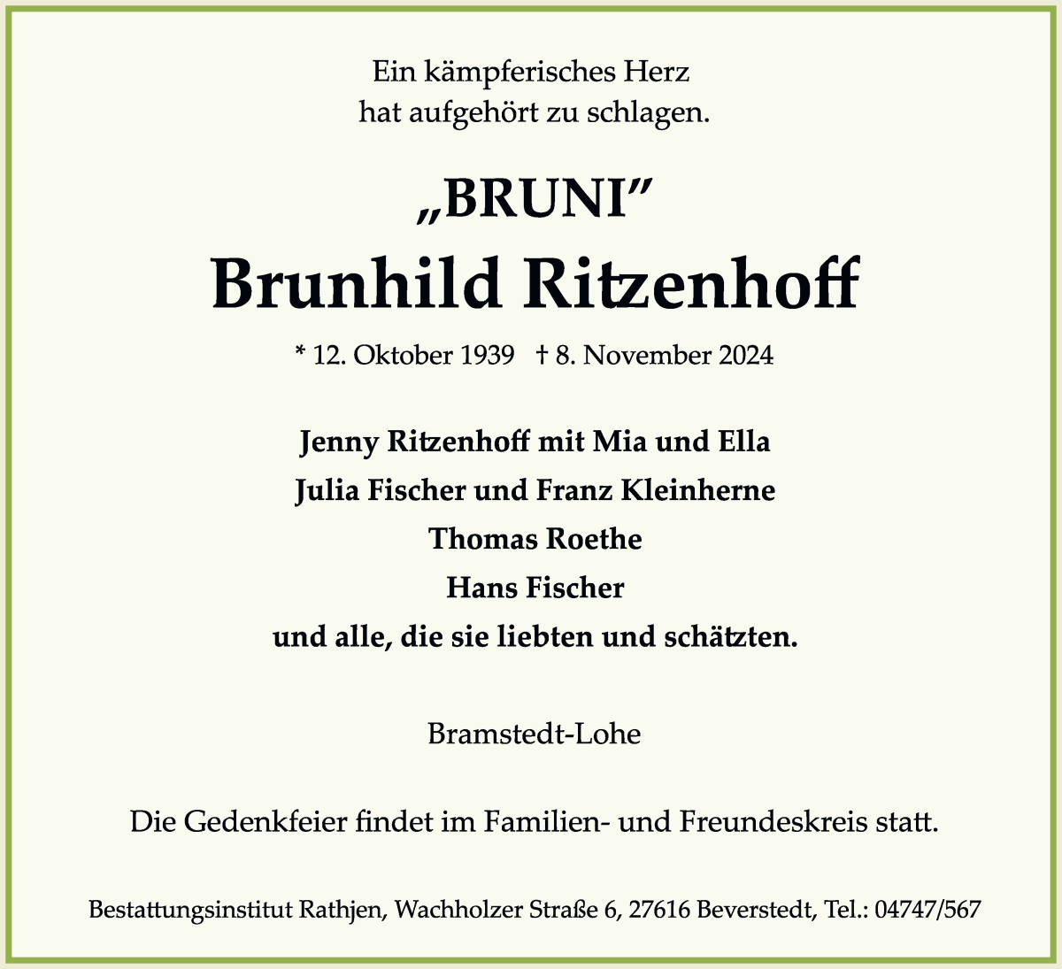 Traueranzeige von Brunhild Ritzenhoff von Osterholzer Kreisblatt