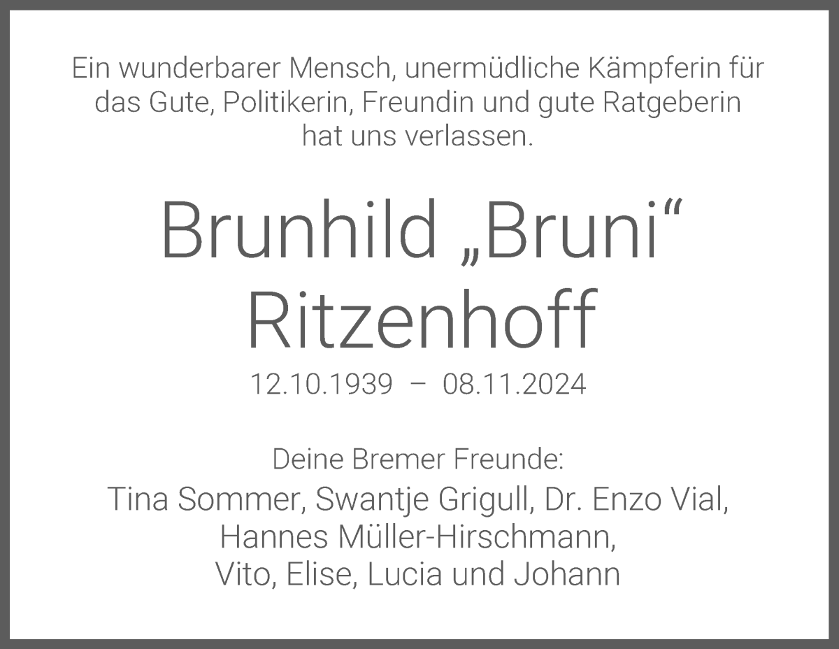 Traueranzeige von Brunhild Bruni Ritzenhoff von WESER-KURIER