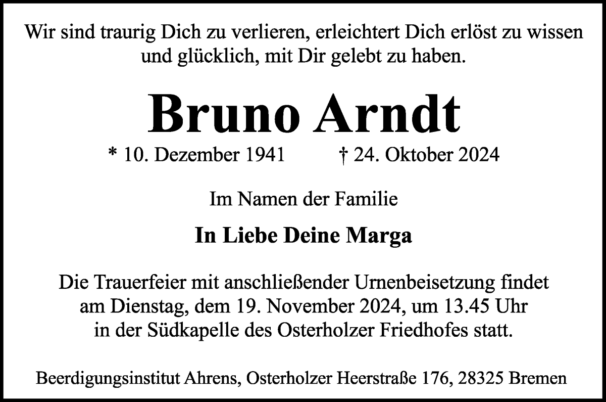 Traueranzeige von Bruno Arndt von WESER-KURIER