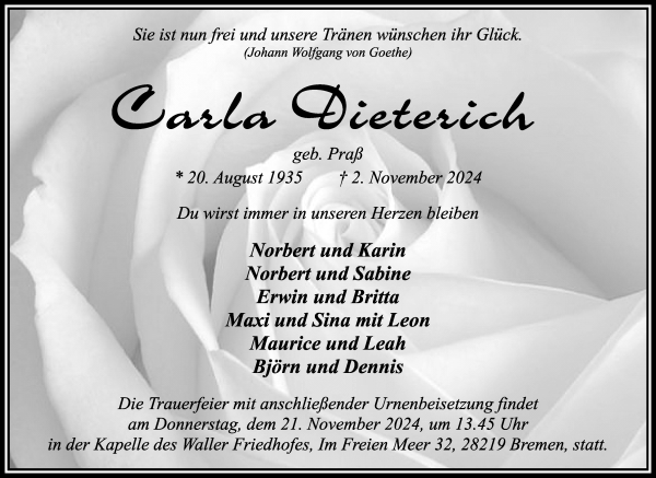 Traueranzeige von Carla Dieterich von WESER-KURIER