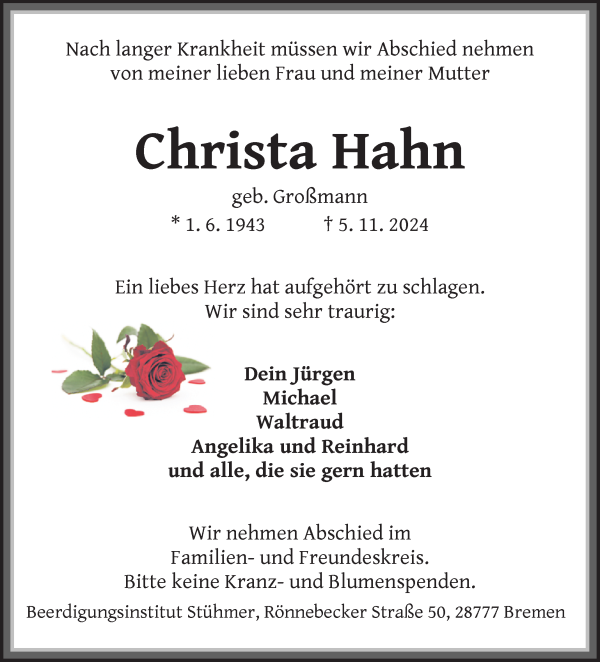 Traueranzeige von Christa Hahn von Die Norddeutsche