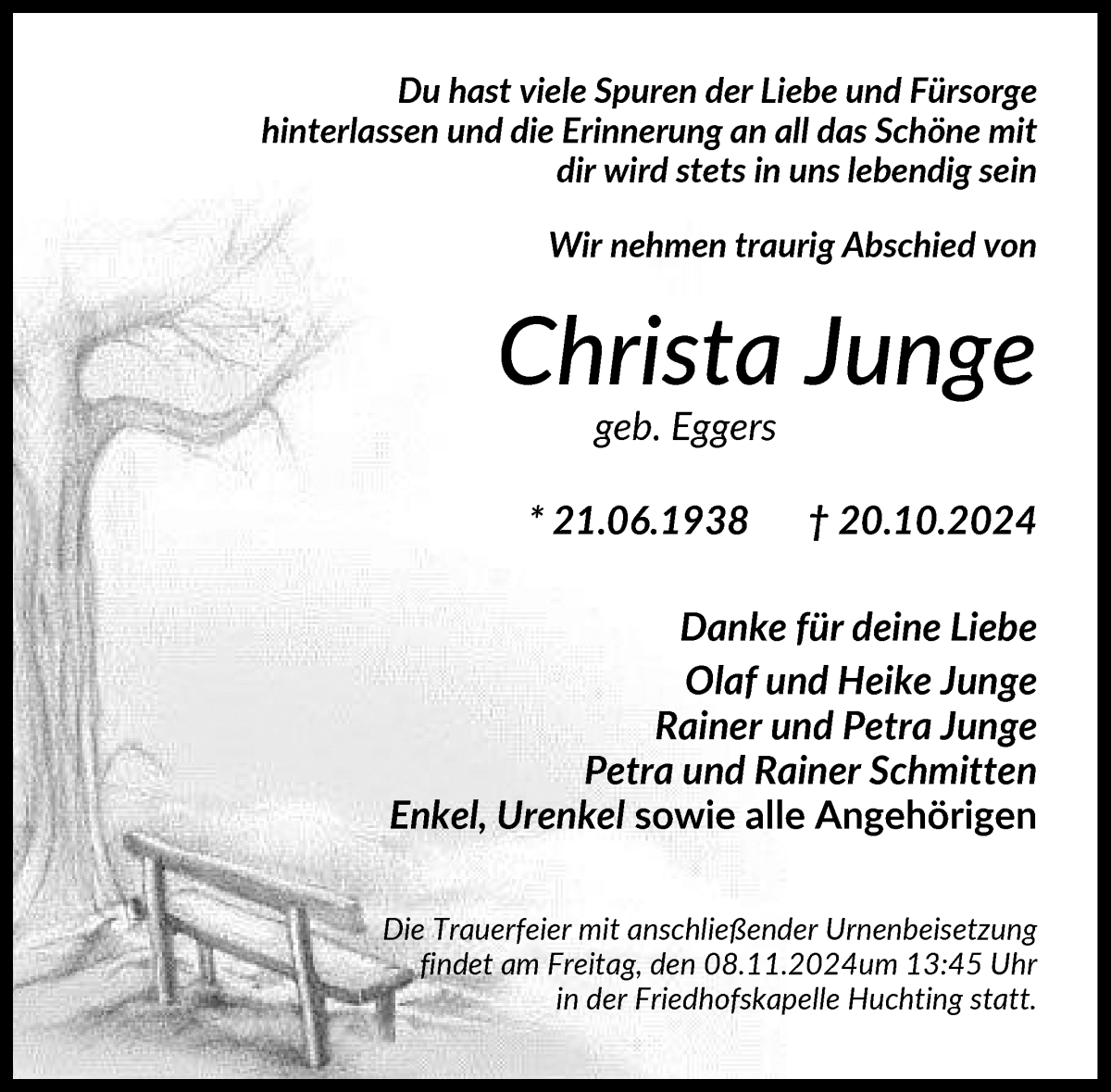  Traueranzeige für Christa Junge vom 02.11.2024 aus WESER-KURIER