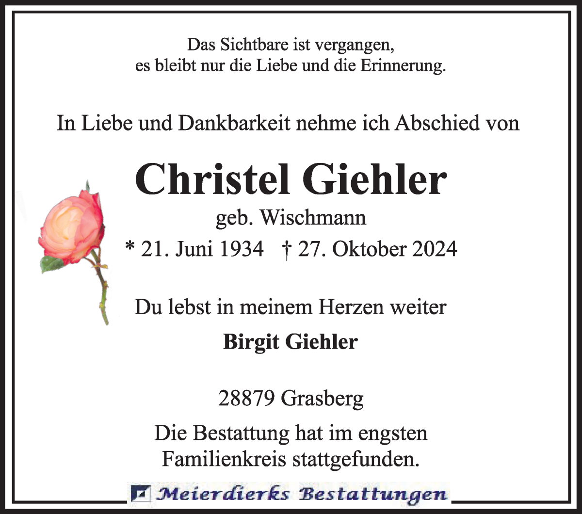 Traueranzeige von Christel Giehler von Wuemme Zeitung