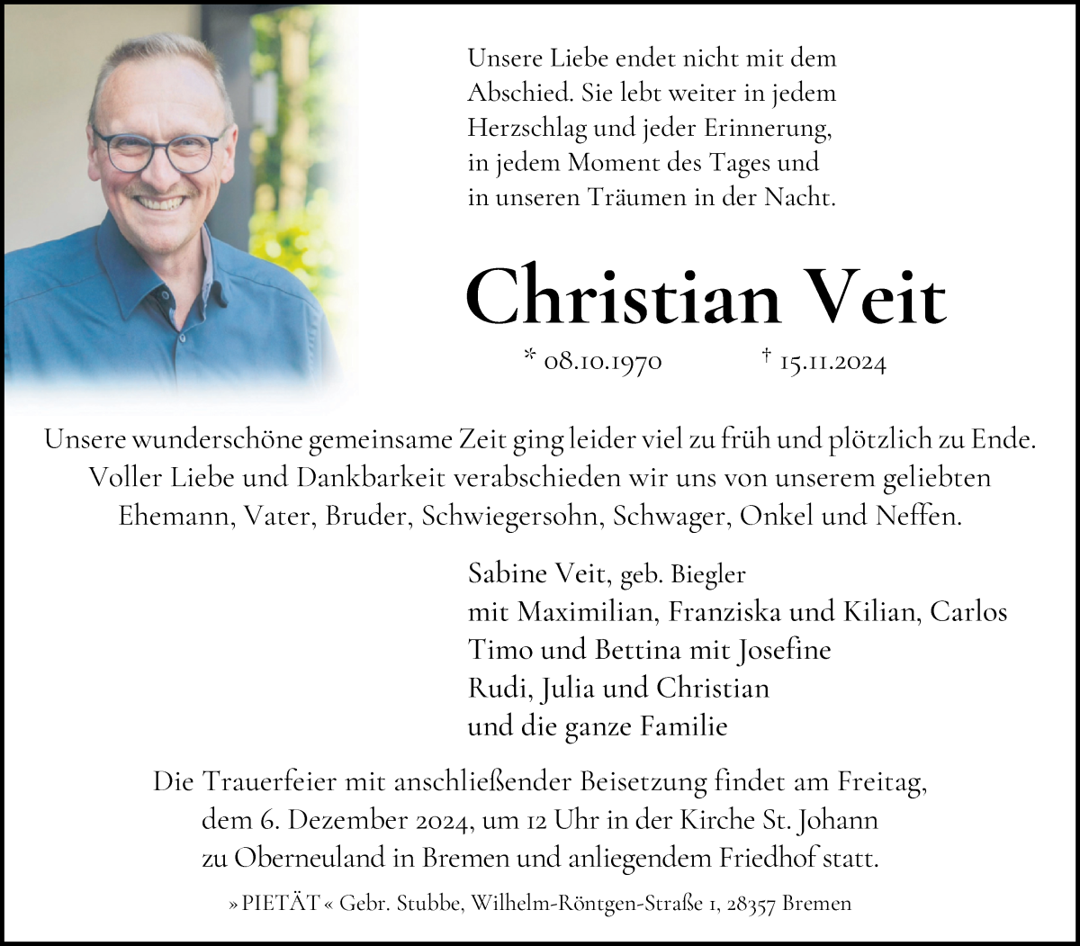  Traueranzeige für Christian Veit vom 30.11.2024 aus WESER-KURIER