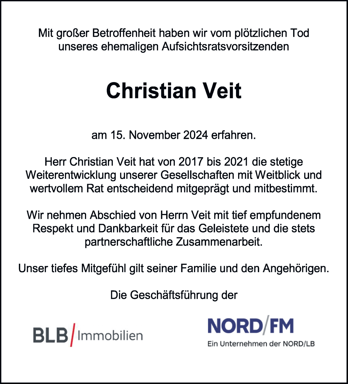  Traueranzeige für Christian Veit vom 30.11.2024 aus WESER-KURIER