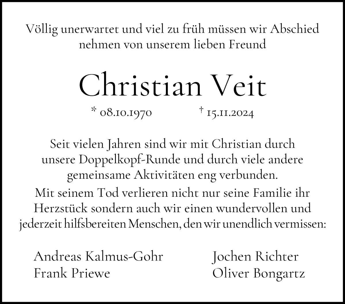  Traueranzeige für Christian Veit vom 30.11.2024 aus WESER-KURIER