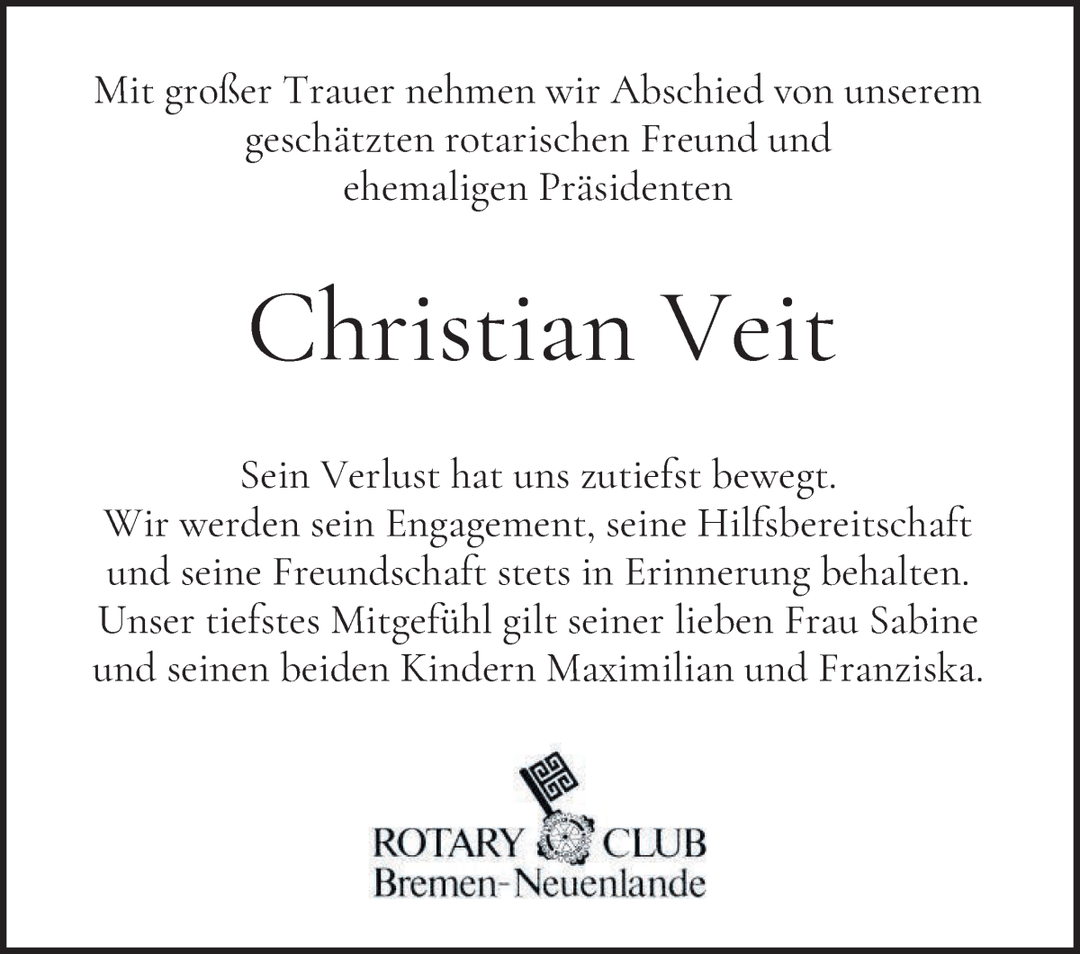  Traueranzeige für Christian Veit vom 30.11.2024 aus WESER-KURIER